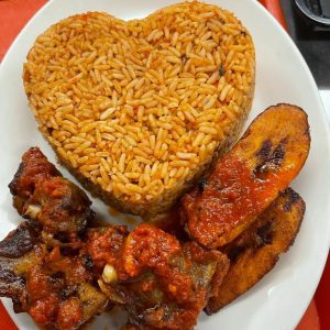 Jollof Rice, Stewed Fried Meat and Plantains